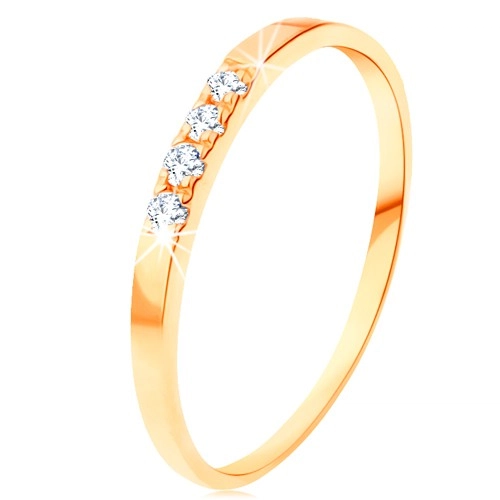 Zlatý prsteň 585 - tenké lesklé ramená, línia štyroch čírych zirkónikov - Veľkosť: 62 mm