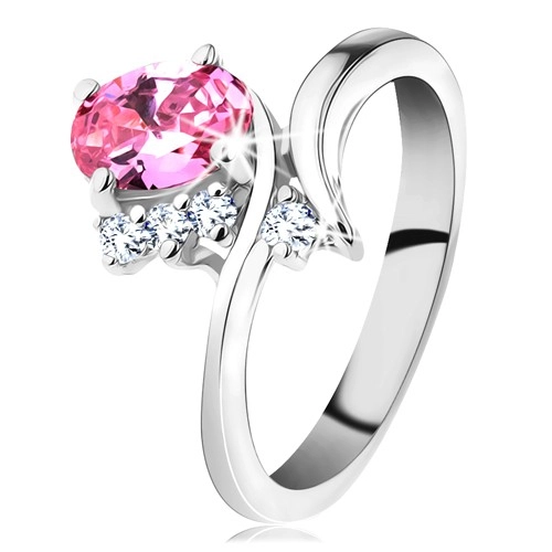 Ligotavý prsteň so zahnutými ramenami, ružový oválny zirkón, čire zirkóniky - Veľkosť: 54 mm