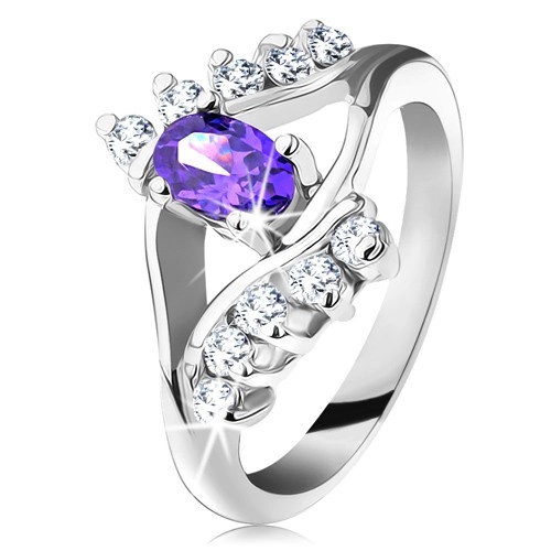 Lesklý prsteň v striebornom odtieni s fialovým oválnym zirkónom, číra línia - Veľkosť: 55 mm