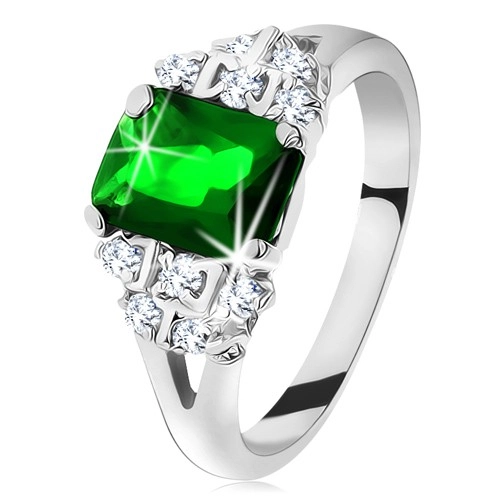 Ligotavý prsteň v striebornej farbe, smaragdovo zelený zirkón, rozdelené ramená - Veľkosť: 53 mm