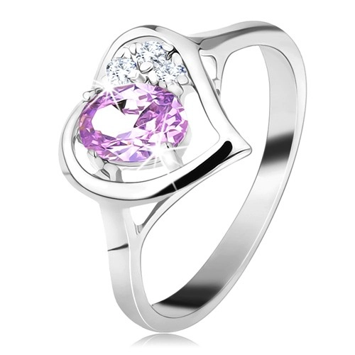 Lesklý prsteň v striebornej farbe s obrysom srdca, svetlofialový oválny zirkón - Veľkosť: 58 mm