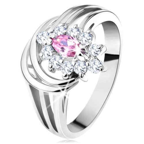 Ligotavý prsteň, rozvetvené ramená, ružovo-číry zirkónový kvietok, oblúčiky - Veľkosť: 54 mm