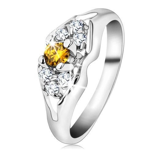Ligotavý prsteň v striebornej farbe, rozdelené ramená, žlto-číre zirkóny - Veľkosť: 54 mm