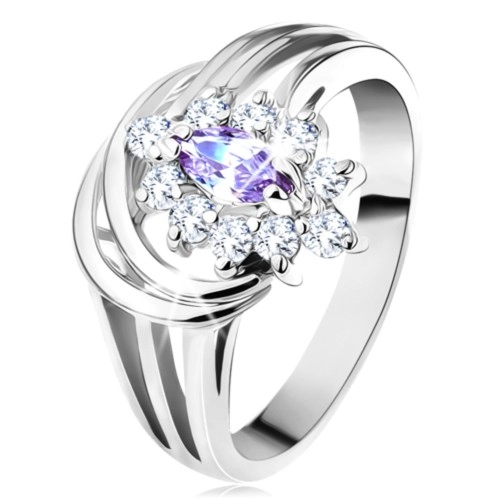 Lesklý prsteň so striebornou farbou, svetlofialové zrnko s čírymi lupienkami - Veľkosť: 50 mm