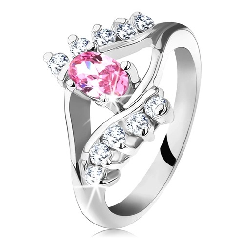 Ligotavý prsteň so zirkónovým ružovo-čírym okom, rozdvojené ramená - Veľkosť: 57 mm