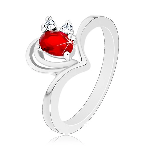 Lesklý prsteň v striebornej farbe, obrys srdiečka, červeno-číre zirkóniky - Veľkosť: 59 mm