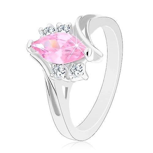 Ligotavý prsteň so zárezom na ramenách, zirkóny v ružovej a čírej farbe - Veľkosť: 57 mm