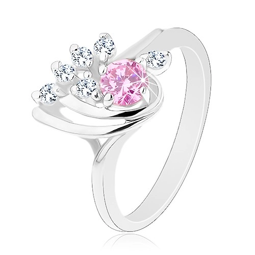 Ligotavý prsteň, asymetrická kvapka zdobená zirkónmi čírej a ružovej farby - Veľkosť: 56 mm