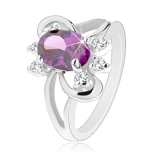 Ligotavý prsteň s rozdvojenými ramenami, fialový brúsený zirkón, hladké oblúky - Veľkosť: 55 mm