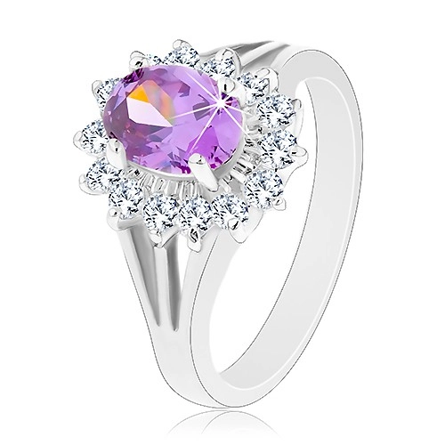 Ligotavý prsteň v striebornej farbe, fialový ovál, priezračná zirkónová obruba - Veľkosť: 57 mm