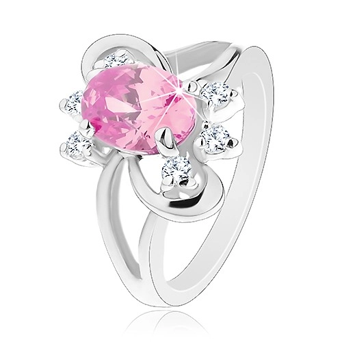 Prsteň s brúseným oválnym zirkónom v ružovej farbe, lesklé oblúčiky - Veľkosť: 54 mm