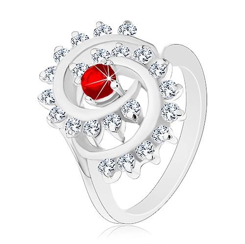Lesklý prsteň s ozdobnou špirálou s čírym lemom, tmavočervený zirkón - Veľkosť: 52 mm