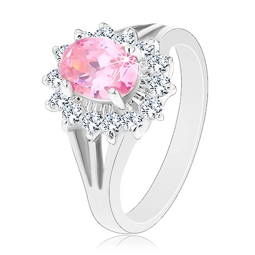 Prsteň so zirkónovým kvetom v ružovej a čírej farbe, rozdelené ramená - Veľkosť: 62 mm