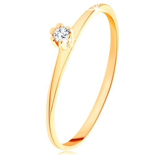Prsteň v žltom 14K zlate - okrúhly číry diamant, tenké skosené ramená - Veľkosť: 52 mm