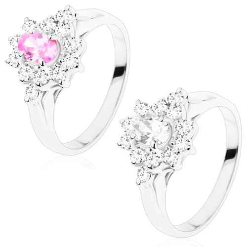 Ligotavý prsteň s hladkými ramenami, kvet s brúseným oválom, číre lupene - Veľkosť: 52 mm, Farba: Číra