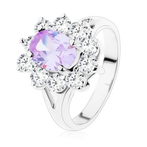Trblietavý prsteň s rozdelenými ramenami, brúsené zirkóny vo svetlofialovej a čírej farbe - Veľkosť: 55 mm