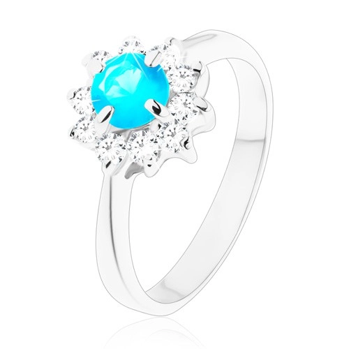 Lesklý prsteň s úzkymi hladkými ramenami, zirkónový kvet modrej a čírej farby - Veľkosť: 57 mm