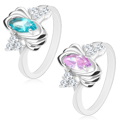 Lesklý prsteň striebornej farby, farebné zrnko, trojice čírych zirkónikov, oblúčiky - Veľkosť: 54 mm, Farba: Aqua modrá
