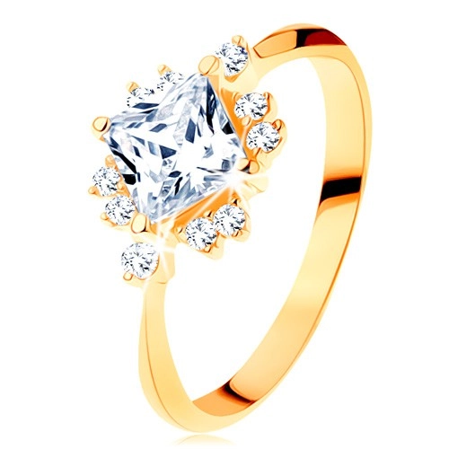 Zlatý prsteň 585 - ligotavý brúsený štvorec, drobné zirkóniky čírej farby - Veľkosť: 54 mm