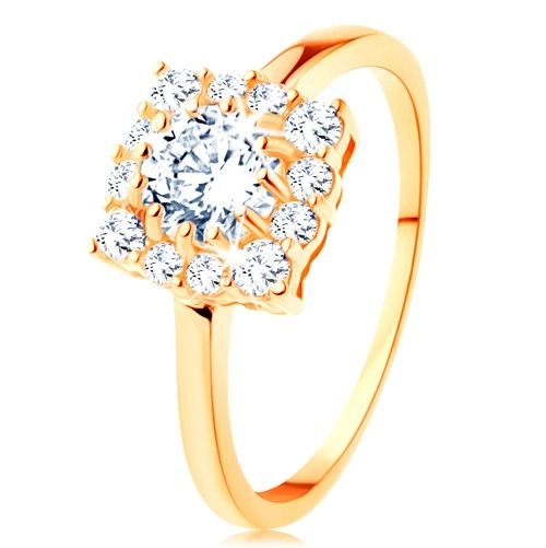 Zlatý prsteň 585 - štvorcový zirkónový obrys, okrúhly číry zirkón v strede - Veľkosť: 49 mm