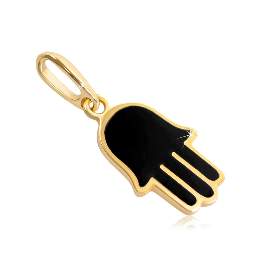 Prívesok v žltom 14K zlate - ruka Hamsa pokrytá čiernou glazúrou 