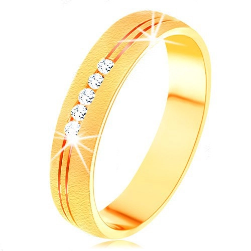 Prsteň v žltom 14K zlate so saténovým povrchom, dvojitý zárez, číre zirkóny - Veľkosť: 62 mm