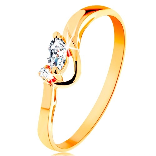 Zlatý prsteň 585 - číre brúsené zrnko a okrúhly zirkónik, lesklý oblúk - Veľkosť: 51 mm