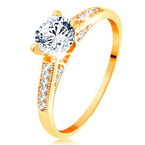 Zlatý prsteň 585 - trblietavé ramená, vyvýšený okrúhly zirkón čírej farby - Veľkosť: 54 mm