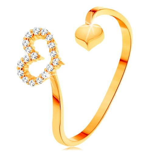 Zlatý prsteň 585 - zvlnené ramená ukončené obrysom srdca a plným srdiečkom - Veľkosť: 52 mm