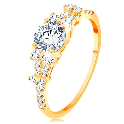Zlatý prsteň 585 - rozdelené zirkónové ramená, veľký okrúhly zirkón čírej farby - Veľkosť: 52 mm