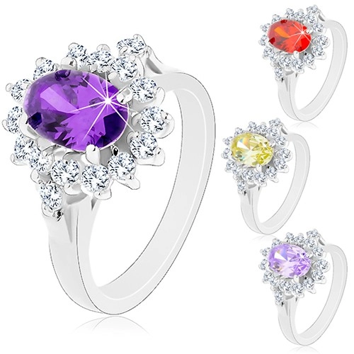 Ligotavý prsteň v striebornej farbe, veľký oválny kvet zo zirkónov - Veľkosť: 54 mm, Farba: Fialová tmavá