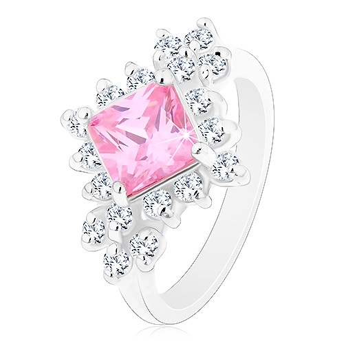 Ligotavý prsteň, ružový zirkónový štvorec lemovaný okrúhlymi čírymi zirkónmi - Veľkosť: 58 mm