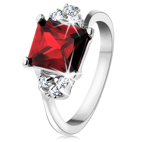 Prsteň v striebornej farbe, obdĺžnikový červený zirkón, číre zirkóniky - Veľkosť: 51 mm