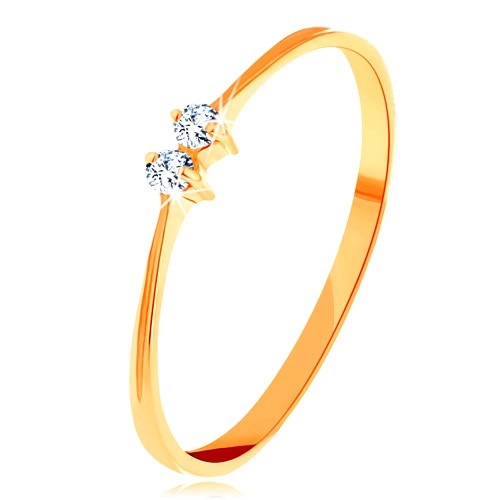 Zlatý prsteň 585 - tenké lesklé ramená, dva žiarivé zirkóniky čírej farby - Veľkosť: 52 mm