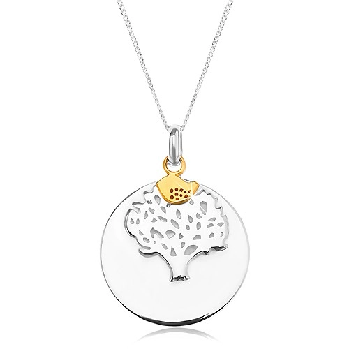 Strieborný náhrdelník 925, okrúhla známka - strom života, vtáčik zlatej farby