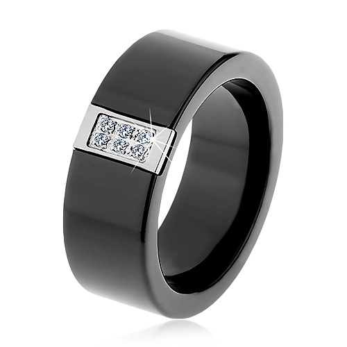 Čierny keramický prsteň s hladkým povrchom, oceľový obdĺžnik so zirkónmi - Veľkosť: 65 mm