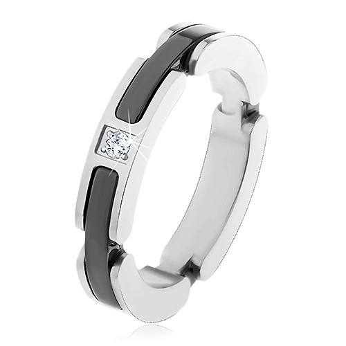 Oceľový prsteň striebornej farby, výrezy s keramickými pásmi, číry zirkón - Veľkosť: 57 mm