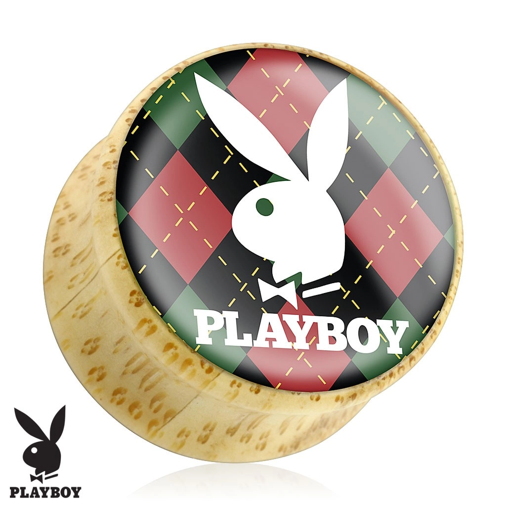 Plug do ucha z bambusového dreva, zajačik Playboy na károvanom podklade - Hrúbka: 16 mm