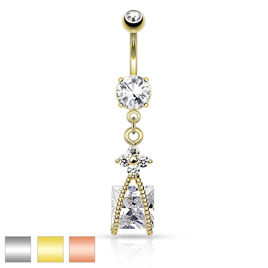 Oceľový piercing do bruška, trblietavý kvietok čírej farby, zirkónový štvorec - Farba piercing: Zlatá - číra