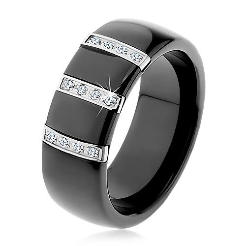 Čierny keramický prsteň s hladkým povrchom, tri oceľové pásy so zirkónmi - Veľkosť: 59 mm