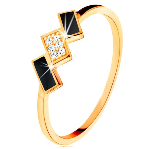 Zlatý prsteň 585 - šikmé obdĺžniky zdobené čiernou glazúrou a zirkónmi - Veľkosť: 56 mm