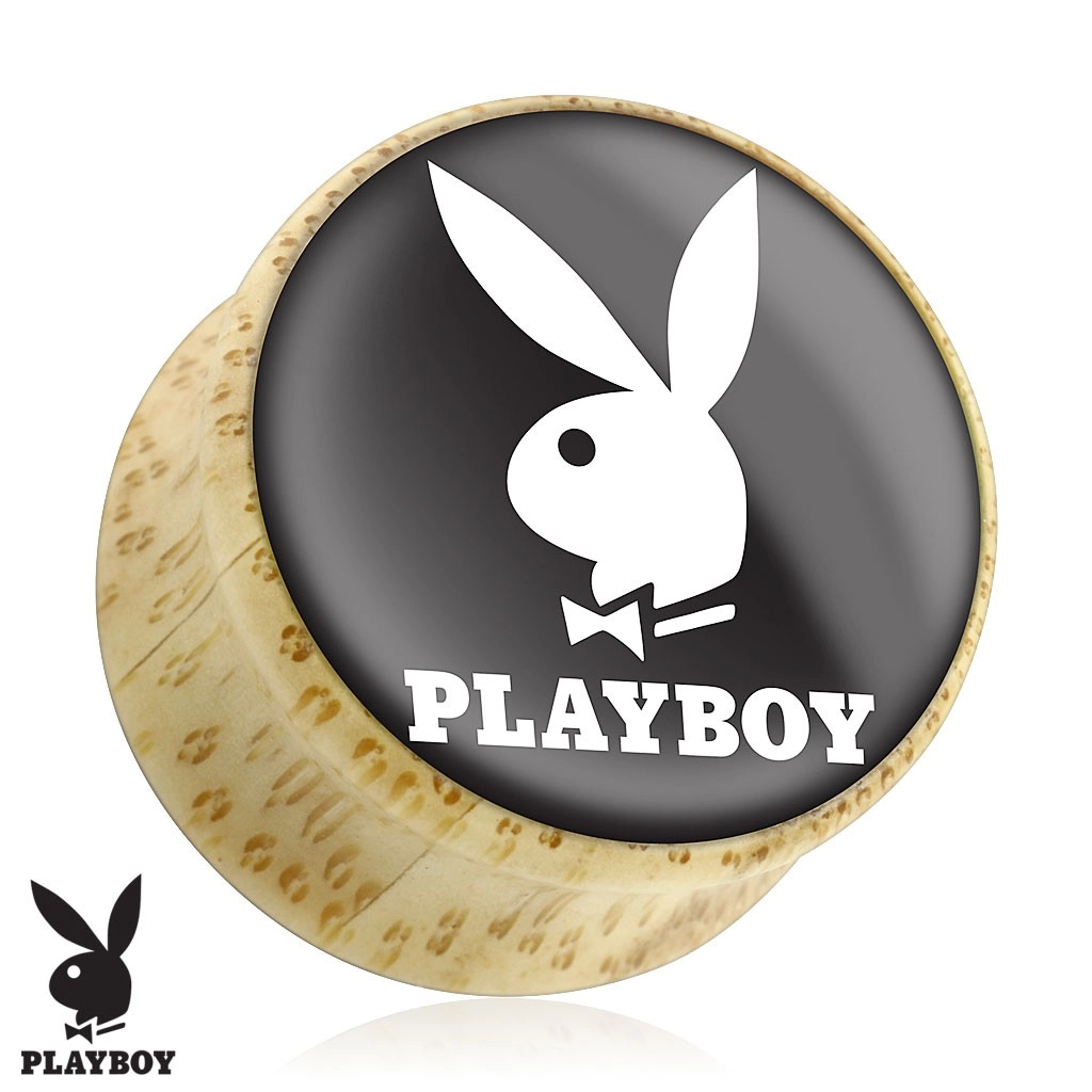 Sedlový plug do ucha z prírodného dreva, zajačik Playboy, čierny podklad - Hrúbka: 6,5 mm