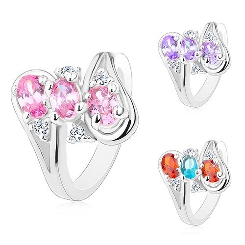 Lesklý prsteň, ramená ukončené slučkami, tri oválne farebné zirkóny - Veľkosť: 53 mm, Farba: Ružová