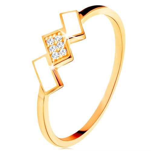 Zlatý prsteň 585 - šikmé obdĺžniky pokryté bielou glazúrou a zirkónmi - Veľkosť: 57 mm
