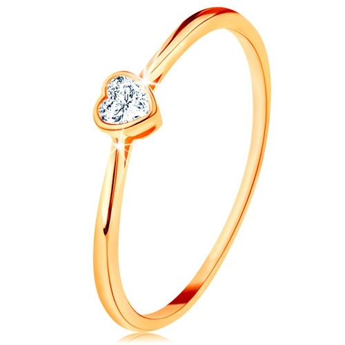 Lesklý zlatý prsteň 585 - číre zirkónové srdiečko s lesklým lemom - Veľkosť: 60 mm
