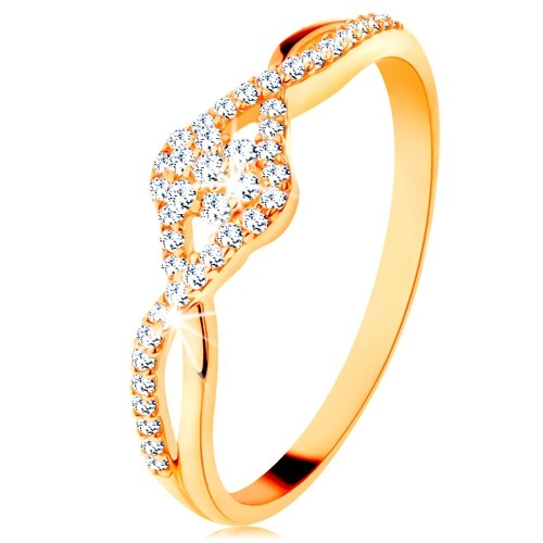 Zlatý prsteň 585 - prepletené rozdvojené ramená, číry zirkónový kvietok - Veľkosť: 49 mm