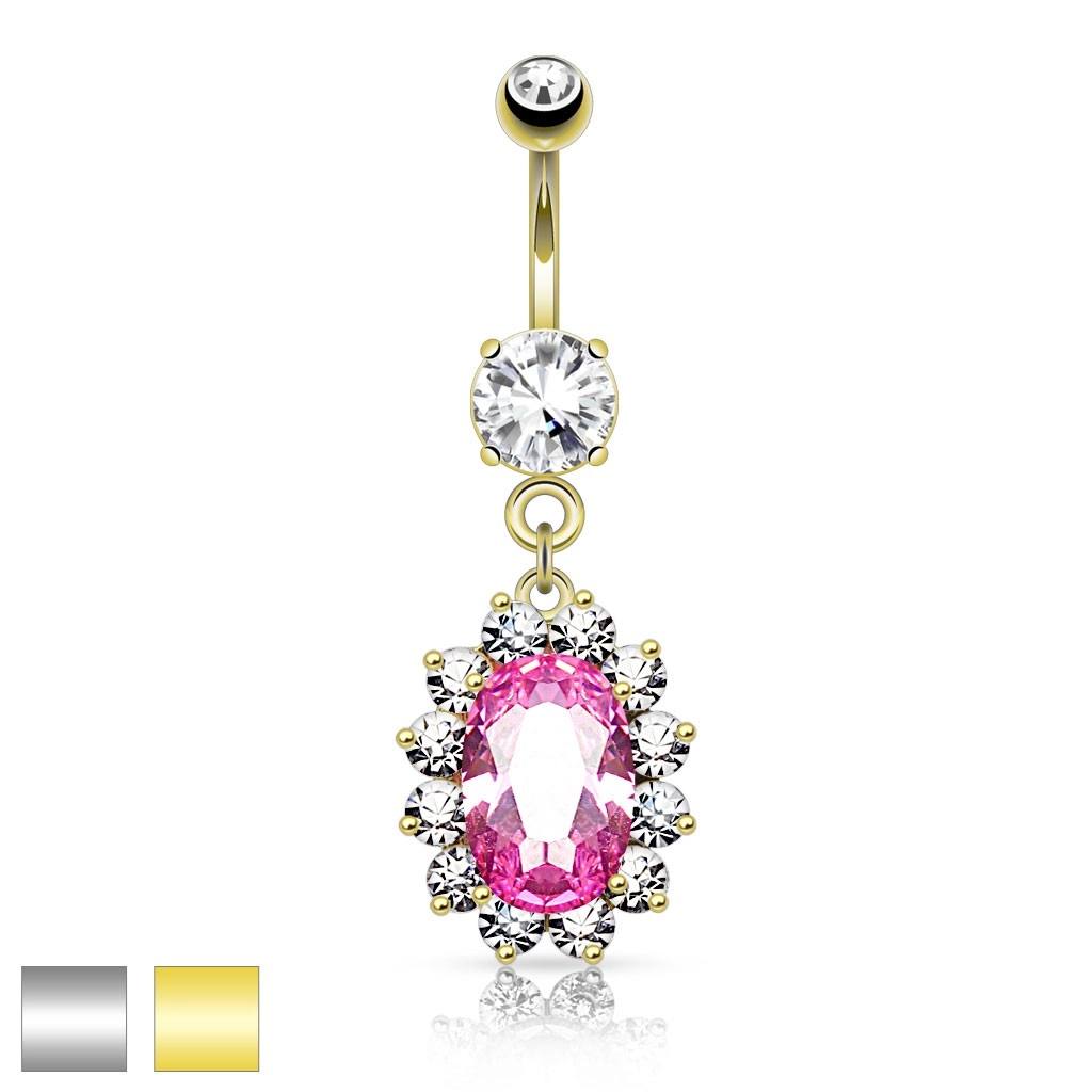 Oceľový piercing do pupka, ružový zirkónový ovál, číry ligotavý lem - Farba piercing: Zlatá