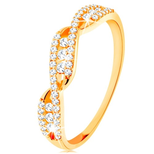 Zlatý prsteň 585 - prepletené zvlnené ramená, okrúhle číre zirkóny - Veľkosť: 56 mm