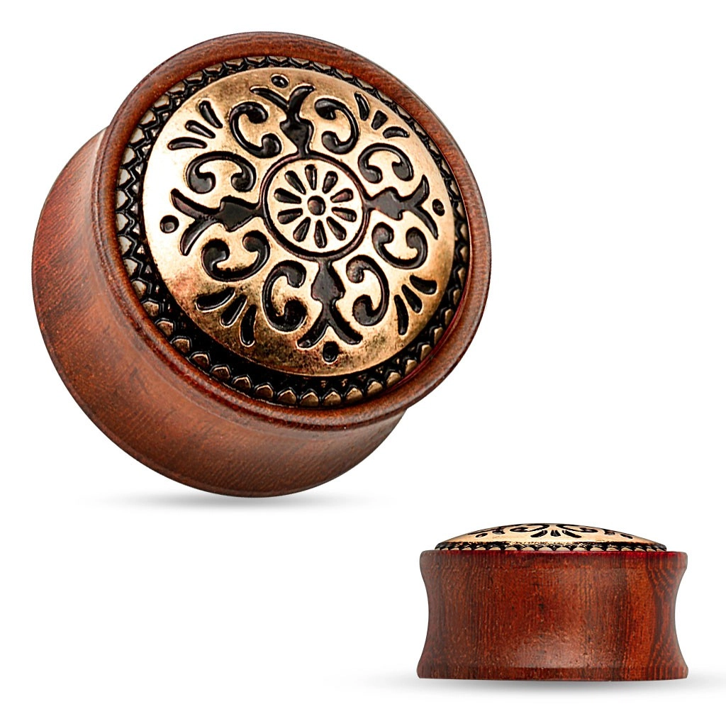 Sedlový plug do ucha z dreva mahagónovej farby, vyrezávaný kruh - Hrúbka: 14 mm