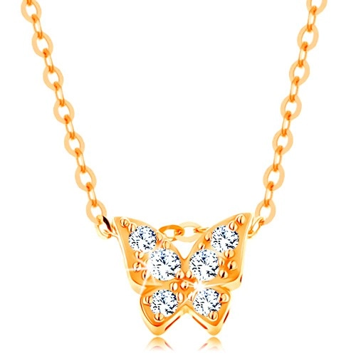 Zlatý 14K náhrdelník - lesklá retiazka, motýľ zdobený čírymi zirkónmi